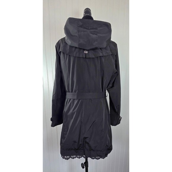 Betsey Johnson Black Hooded Rain Trenchcoat Double Breasted Lace Hem Women’s L - Picture 4 of 15